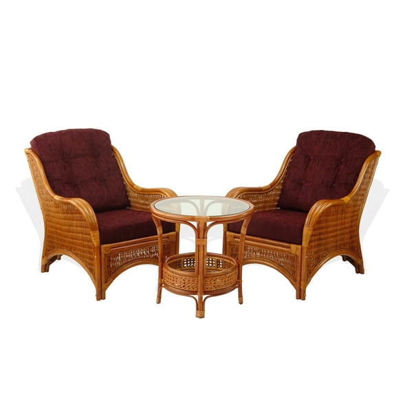 SK New Interiors Set of 2 Natural Rattan Wicker Jam Chairs w/Dark Brown Cushions and Round Coffee Table w/Glass, Colonial