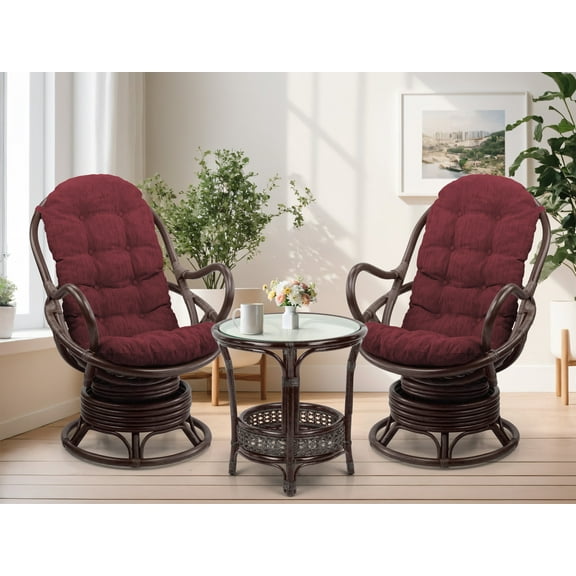 SK New Interiors Set of 2 Swivel Rocking Java Lounge Chair Natural Rattan Wicker Handmade w/Dark Brown Cushion and Round Coffee Table, Dark Brown