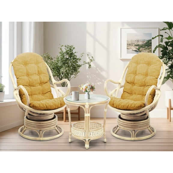 SK New Interiors Set of 2 Swivel Rocking Java Lounge Chair Natural Rattan Wicker Handmade w/Light Brown Cushion and Round Coffee Table, White Wash