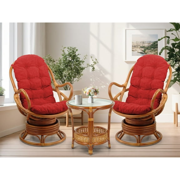 SK New Interiors Set of 2 Swivel Rocking Java Lounge Chairs Natural Rattan Wicker Handmade w/ Burgundy Cushion and Round Coffee Table, Colonial