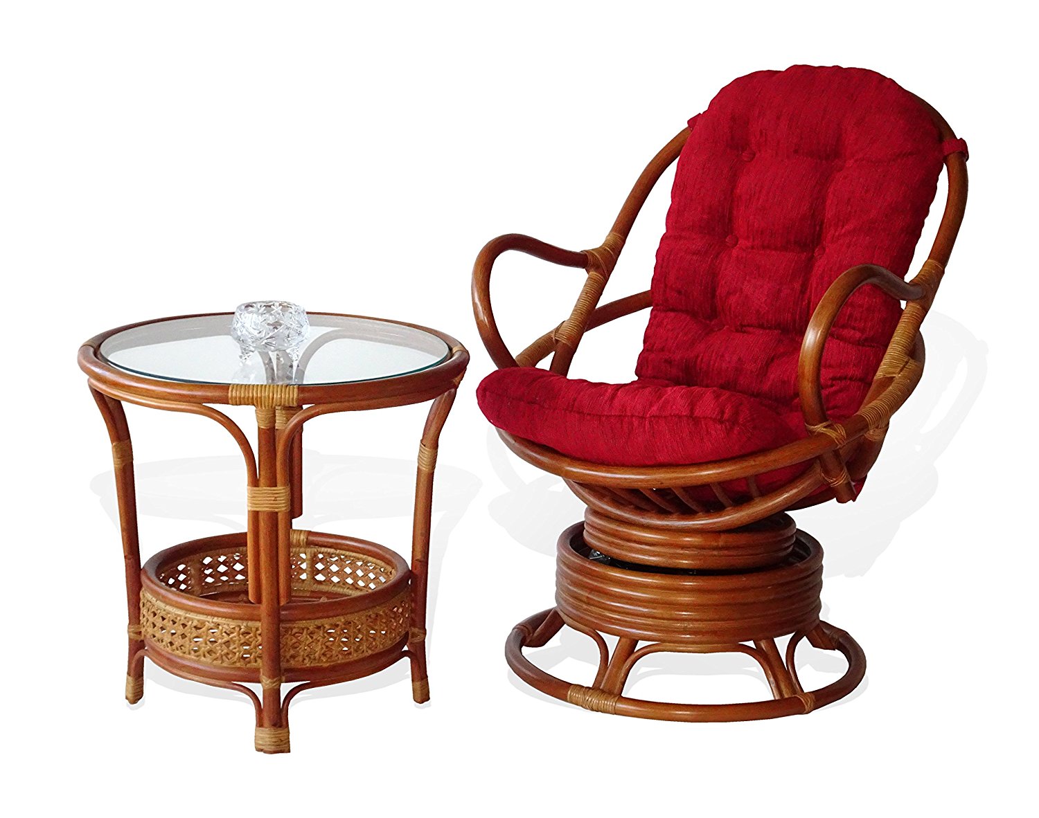 SK New Interiors Set of Swivel Rocking Java Lounge Chair Natural Rattan Wicker Handmade w/Burgundy Cushion and Round Coffee Table w/Glass, Colonial - image 1 of 7