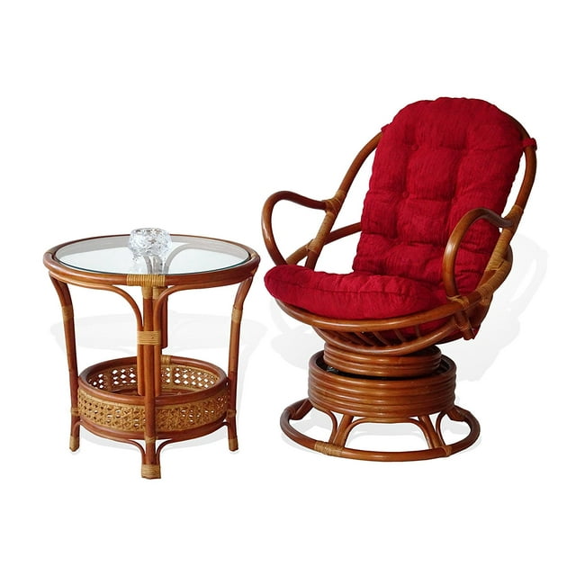 SK New Interiors Set of Swivel Rocking Java Lounge Chair Natural Rattan Wicker Handmade w/Burgundy Cushion and Round Coffee Table w/Glass, Colonial
