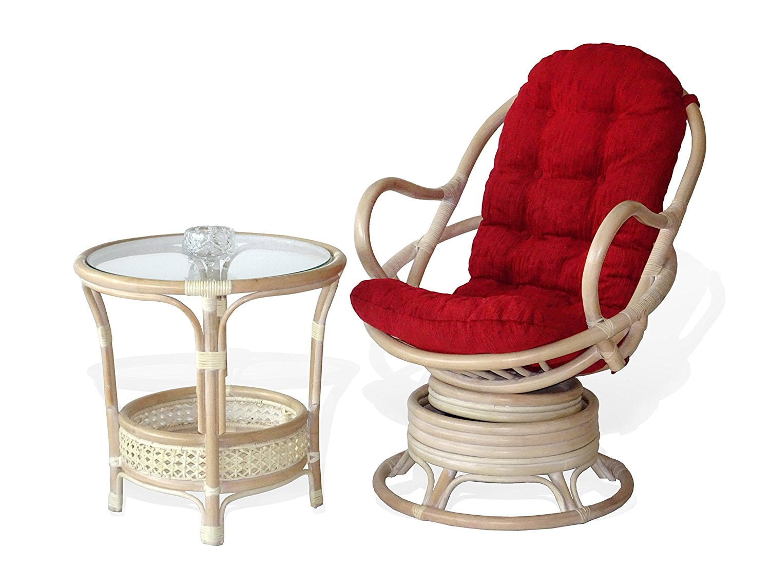 SK New Interiors Set of Swivel Rocking Java Lounge Chair Natural Rattan Wicker w Burgundy Cushion and Round Coffee Table Cream Walmart