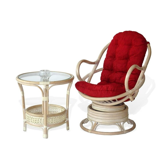 SK New Interiors Set of Swivel Rocking Java Lounge Chair Natural Rattan Wicker w/Burgundy Cushion and Round Coffee Table, Cream