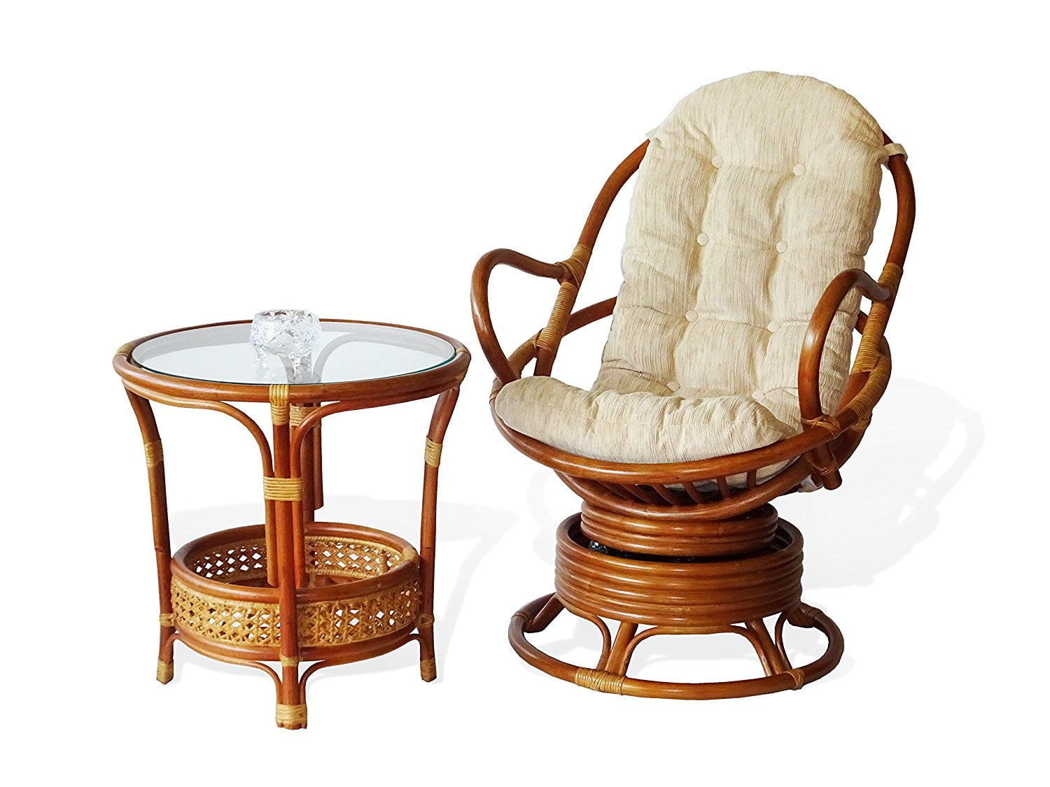 SK New Interiors Set of Swivel Rocking Lounge Java Chair Natural Rattan Wicker Handmade w/Cream Cushions and Round Coffee Table w/Glass, Colonial