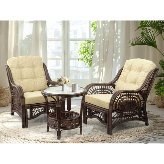 SK New InteriorsMalibu Set of 2 ECO Natural Rattan Wicker Chairs w/Cream Cushions and Round Coffee Table, Dark Brown