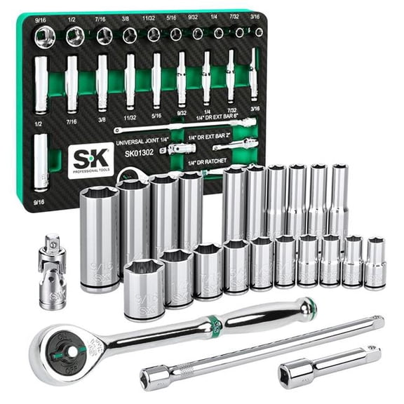 Sk Tools Usa Llc 01302-216P 24 Piece 1/4" Drive Sae Standard & Deep Socket Set