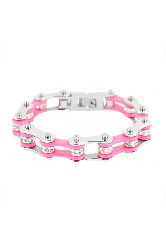 SK1118 Silver/Pink Bike Chain Bracelet 1/2" Wide - Size 7.75"