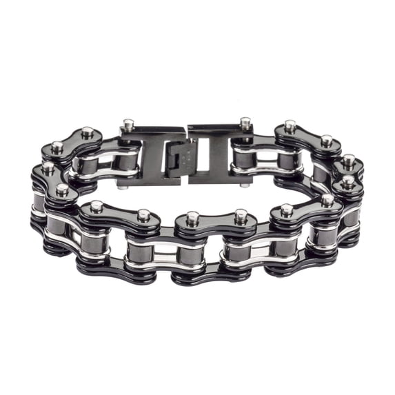 SK1125 Black/Silver Bike Chain Bracelet 3/4" Wide - Size 9"