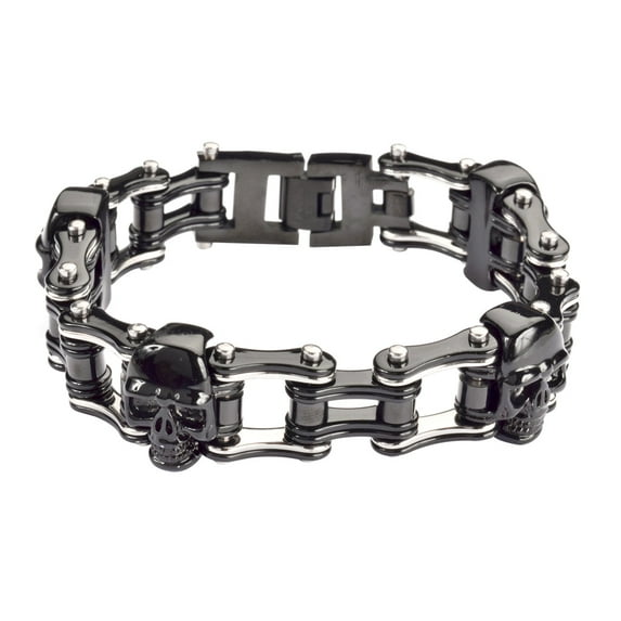 SK1160 Black/Silver With Skulls Bike Chain Bracelet 3/4" Wide - Size 8.5"