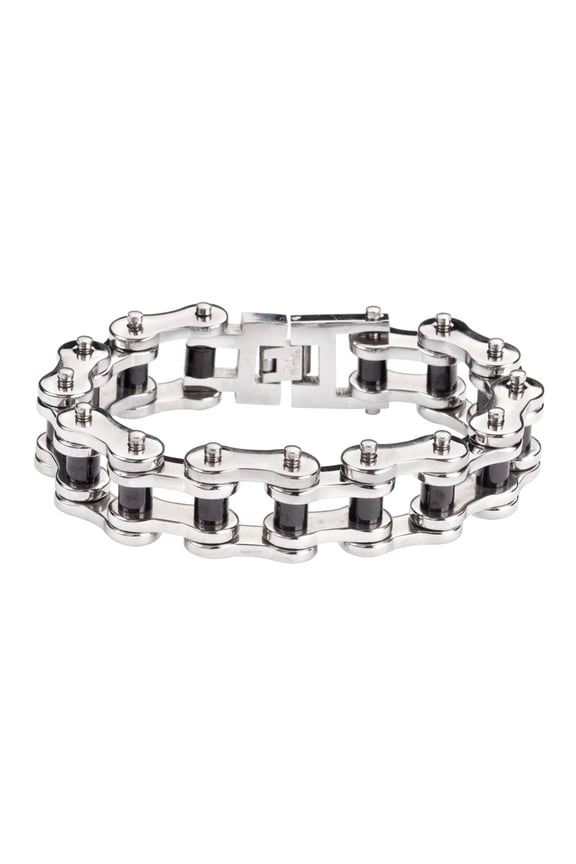 SK1189 Silver blk/Rollers Thick Bike Chain Bracelet 3/4" Wide - Size 8.5"