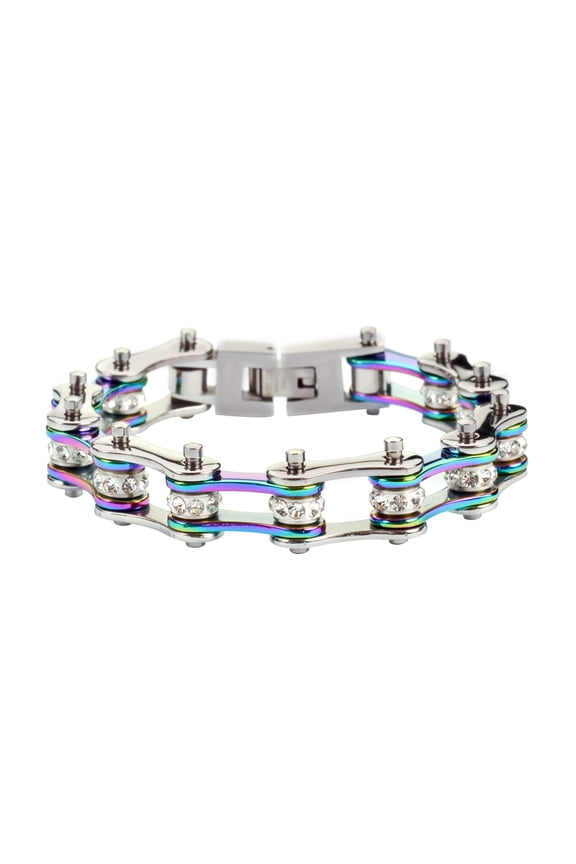SK1207 Silver/Rainbow Bike Chain Bracelet 1/2" Wide - Size 7.75"