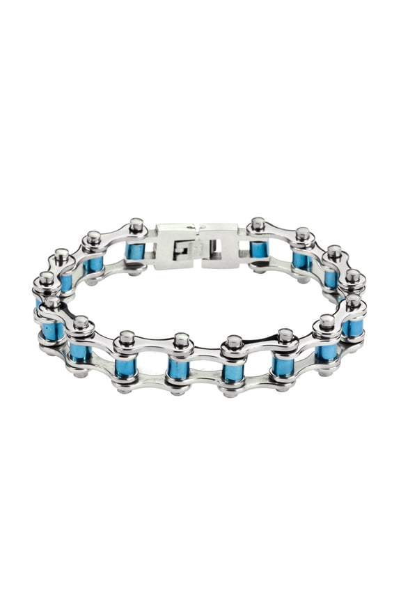 SK1297 All Steel Blue Rollers Bike Chain Bracelet 1/2" Wide - Size 7"