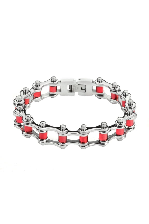 SK1298 All Steel Red Rollers Bike Chain Bracelet 1/2" Wide - Size 7.5"