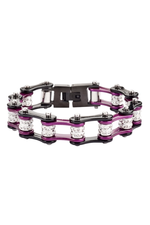 SK1609 Black/Purple Double Rollers Bike Chain Bracelet 1/2" Wide - Size 7.75"