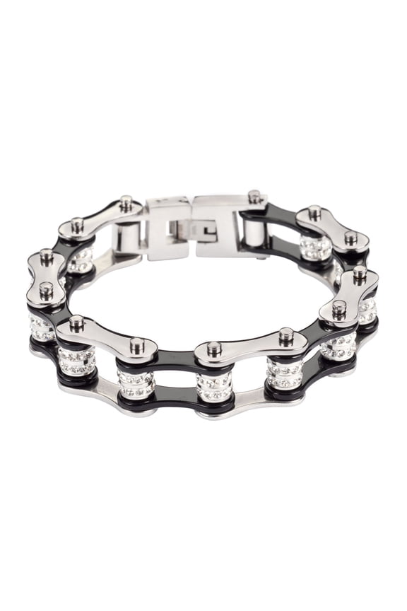 SK1616 Silver/Black Double Rollers Bike Chain Bracelet 1/2" Wide - Size 7.25"