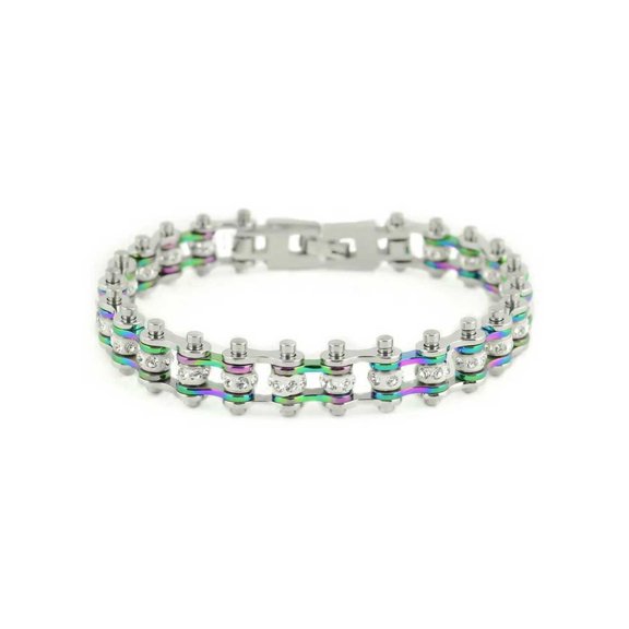Heavy Metal Women's Rainbow Two Tone Crystal Motorcycle Chain Bracelet (7.75)
