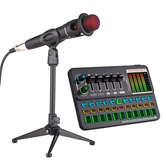 Muslady SK500 Portable Live Sound Card Voice Changer Device Audio Mixer Kit with Microphone Mic Stand Earphone for Smartphone Computer Live Streaming Online Chatting Game Karaoke