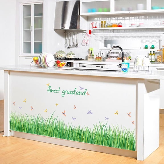 SK7090 Green Grass Butterfly Baseboard Wall Decal for Bedroom, Entryway & Corner - Removable PVC Wall Sticker