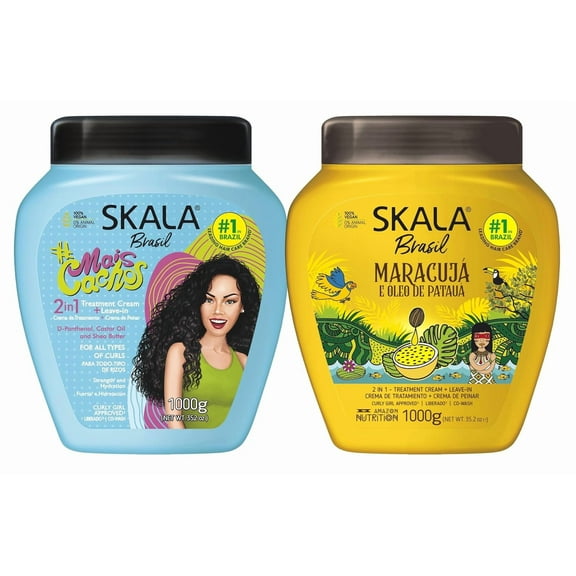SKALA Hair Type 3ABC - Passion Fruit Yellow & Mais Cachos Blue - Combo Hydrate Curls, Eliminate Anti Frizz, For Curly Hair 2-IN-1 Conditioning Treatment & Cream to Comb Extra Large Size