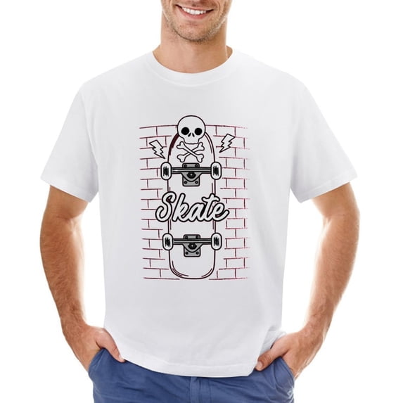 SKATEBOARD DRAWING, SKULL ON THE WALL Men’s Graphic T-shirt Vintage Short Sleeve Sport Tee White 2XL