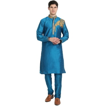 SKAVIJ Art Silk Kurta Pajama Set for Men Festive Wear Dress Turquoise S