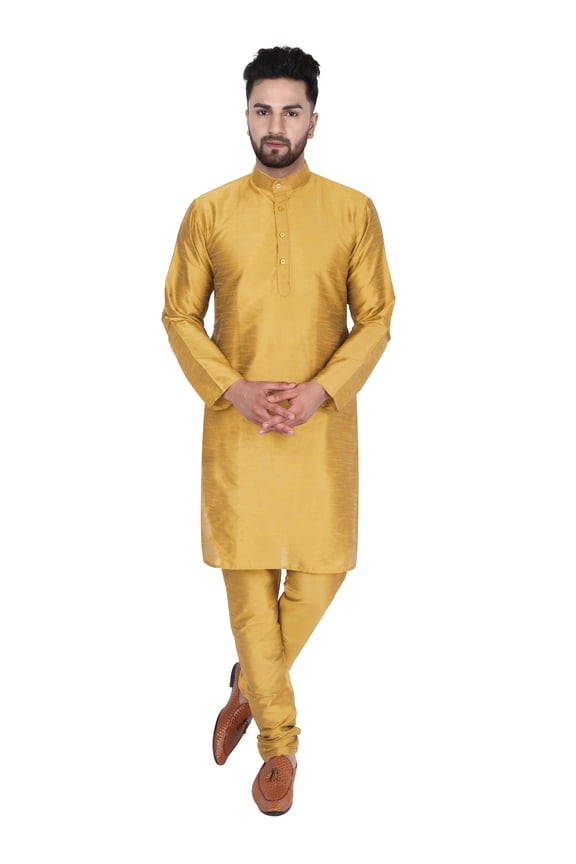 Art Silk Kurta Pajama Set for Men Indian Wedding Party Wear Dress (Large, Gold)