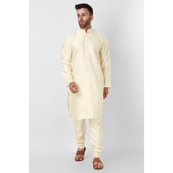 SKAVIJ Art Silk Kurta Pajama Set for Men Indian Wedding Party Wear Dress (Large, Offwhite)