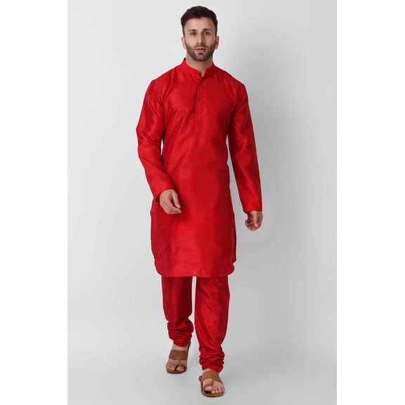 SKAVIJ Art Silk Kurta Pajama Set for Men Indian Wedding Party Wear Dress (Large, Red)