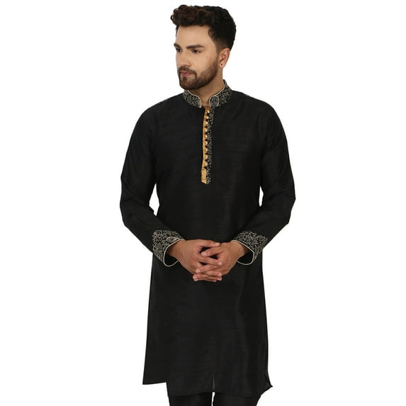SKAVIJ Art Silk Kurta for Men Embroidered Indian Crew Neck Party Casual Shirt (Medium, Black)