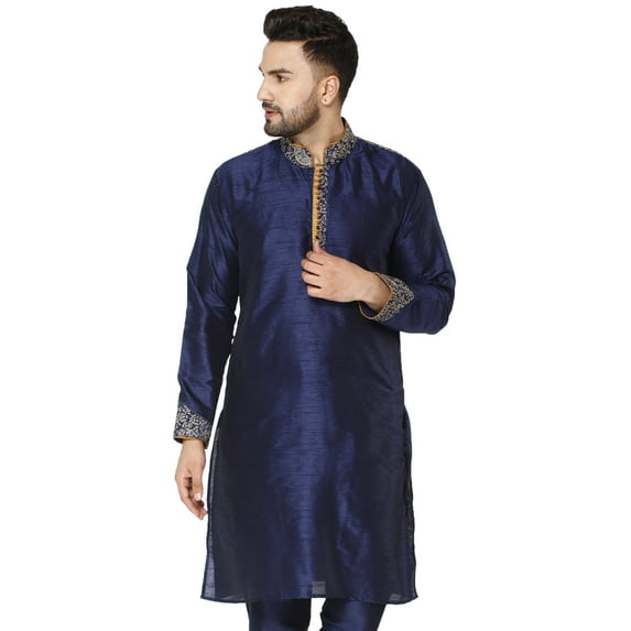 SKAVIJ Art Silk Kurta for Men Embroidered Indian Crew Neck Party Casual Shirt (x-Large, Blue)