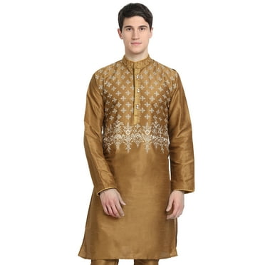 SKAVIJ Art Silk Kurta for Men Embroidered Indian Party Casual Shirt Medium Brown