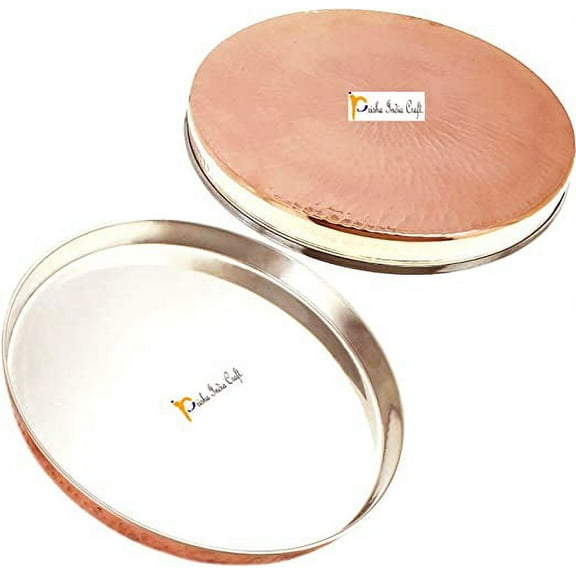 SKAVIJ Copper Stainless Steel Round Dinnerware Service Platter Thali for Christmas Party Decoration (30 Centimeter, Pack of 2)