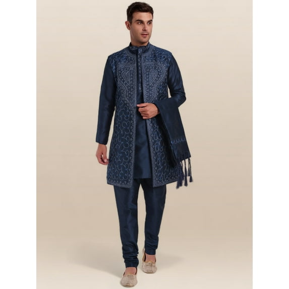 SKAVIJ Kurta Pajama Jacket Scarf 4-Piece Set Embroidered Wedding Party Dress Blue S
