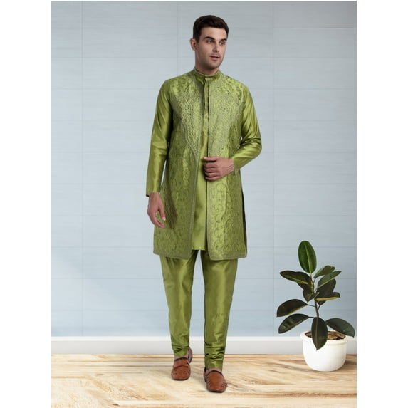 SKAVIJ Kurta Pajama Jacket Scarf 4-Piece Set Embroidered Wedding Party Dress Green L