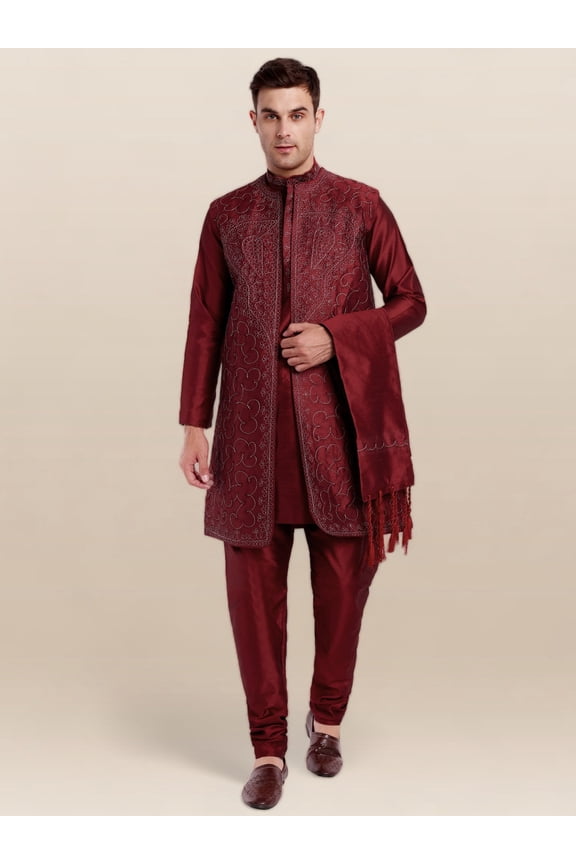 Kurta Pajama Jacket Scarf 4-Piece Set Embroidered Wedding Party Dress Red XL