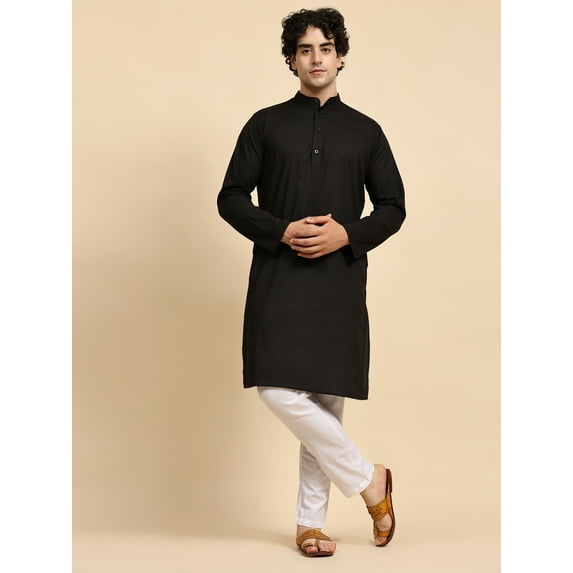 SKAVIJ Kurta Pajama Set for Men Cotton 2 Piece Top Bottom Traditional Indian Dress Black L