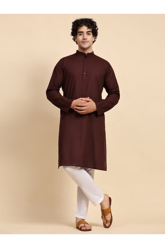Kurta Pajama Set for Men Cotton 2 Piece Top Bottom Traditional Indian Dress Brown L
