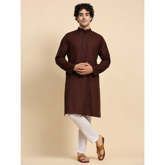 SKAVIJ Kurta Pajama Set for Men Cotton 2 Piece Top Bottom Traditional Indian Dress Brown XL