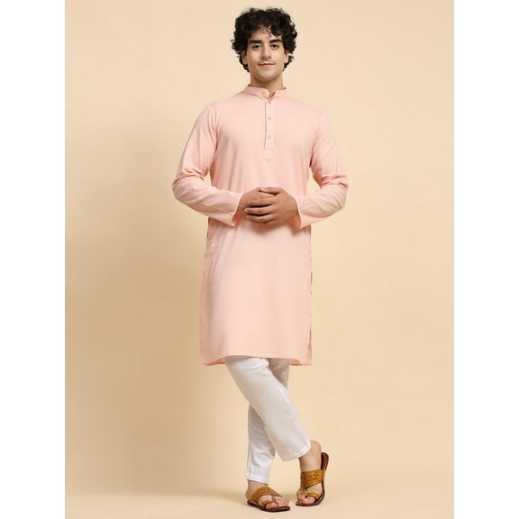 SKAVIJ Kurta Pajama Set for Men Cotton 2 Piece Top Bottom Traditional Indian Dress Pink M