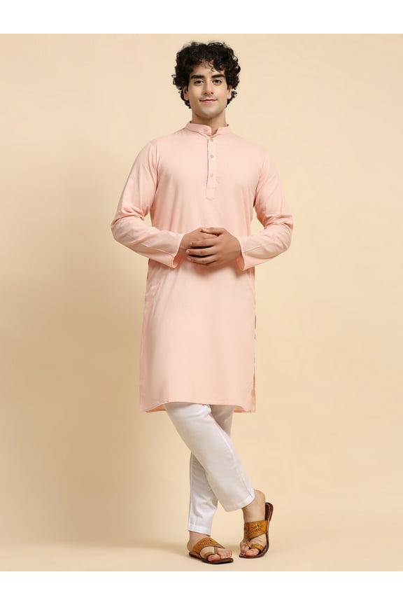 Kurta Pajama Set for Men Cotton 2 Piece Top Bottom Traditional Indian Dress Pink S