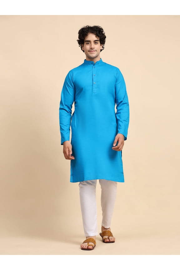 Kurta Pajama Set for Men Cotton 2 Piece Top Bottom Traditional Indian Dress Turquoise M
