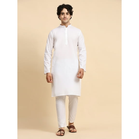 SKAVIJ Kurta Pajama Set for Men Cotton 2 Piece Top Bottom Traditional Indian Dress White XL
