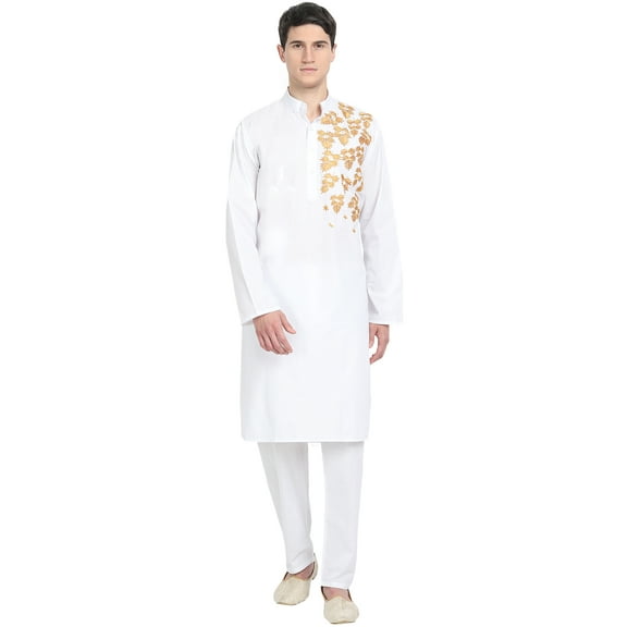 SKAVIJ Kurta Pajama Set for Men Embroidered Cotton Ethnic Wear Dress White XL