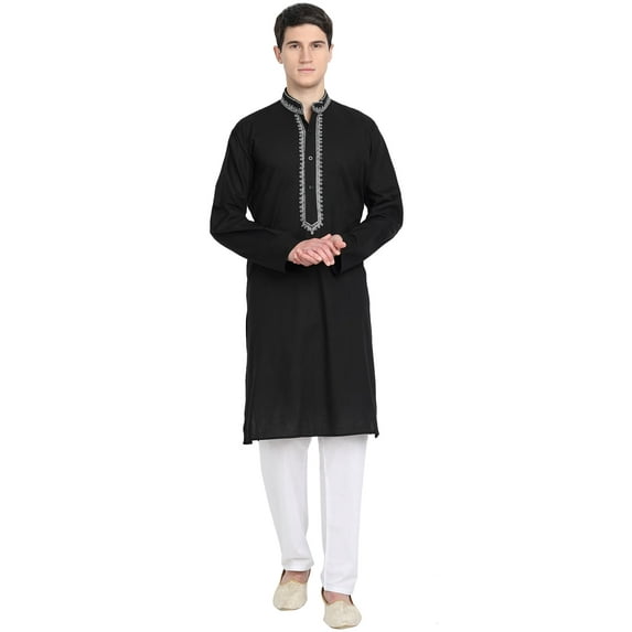 SKAVIJ Kurta Pajama Set for Men Embroidered Cotton Traditional Dress Black M