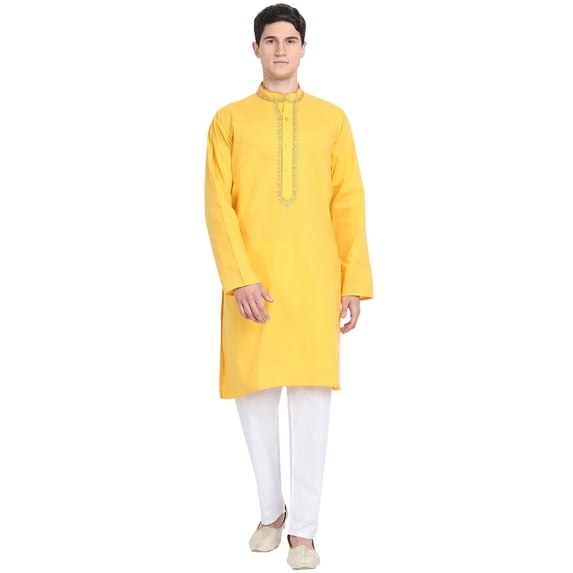 SKAVIJ Kurta Pajama Set for Men Embroidered Cotton Traditional Dress Gold S
