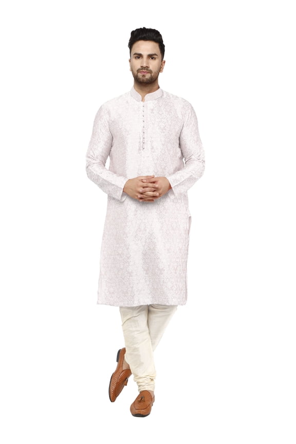 Kurta Pajama Set for Men Jacquard Silk Embroidered Party Wear Dress Off-White L