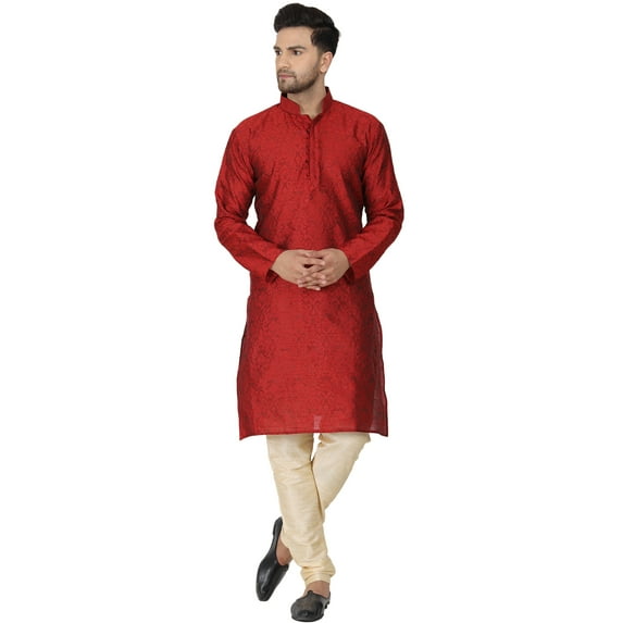 SKAVIJ Kurta Pajama Set for Men Jacquard Silk Embroidered Party Wear Dress Red XL