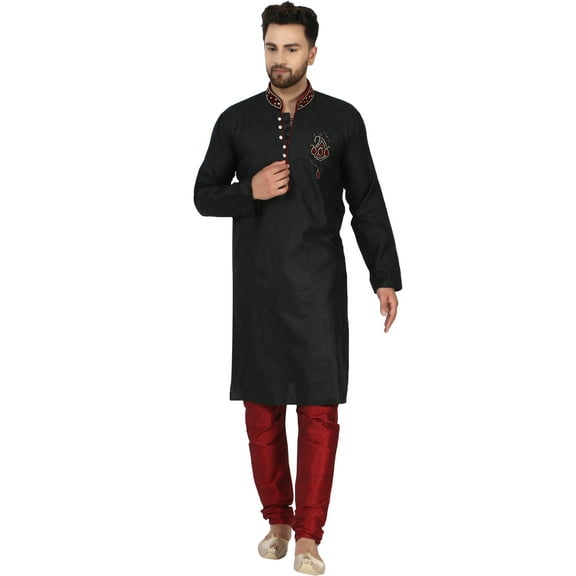 SKAVIJ Kurta Pajama Set for Men Jacquard Silk Wedding Dress Black S