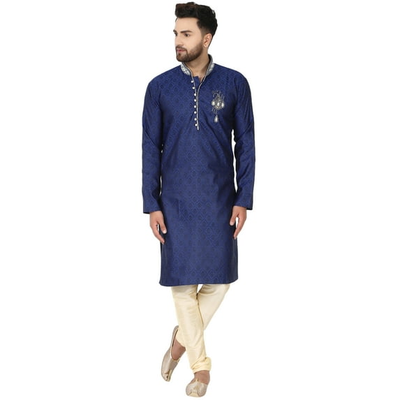 SKAVIJ Kurta Pajama Set for Men Jacquard Silk Wedding Dress Blue XL